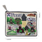 Mellow Monkey University of Pennsylvania woven zip pouch with campus landmarks, Ben Franklin statue, and Penn mascot. Measures 7x5.5 inches.