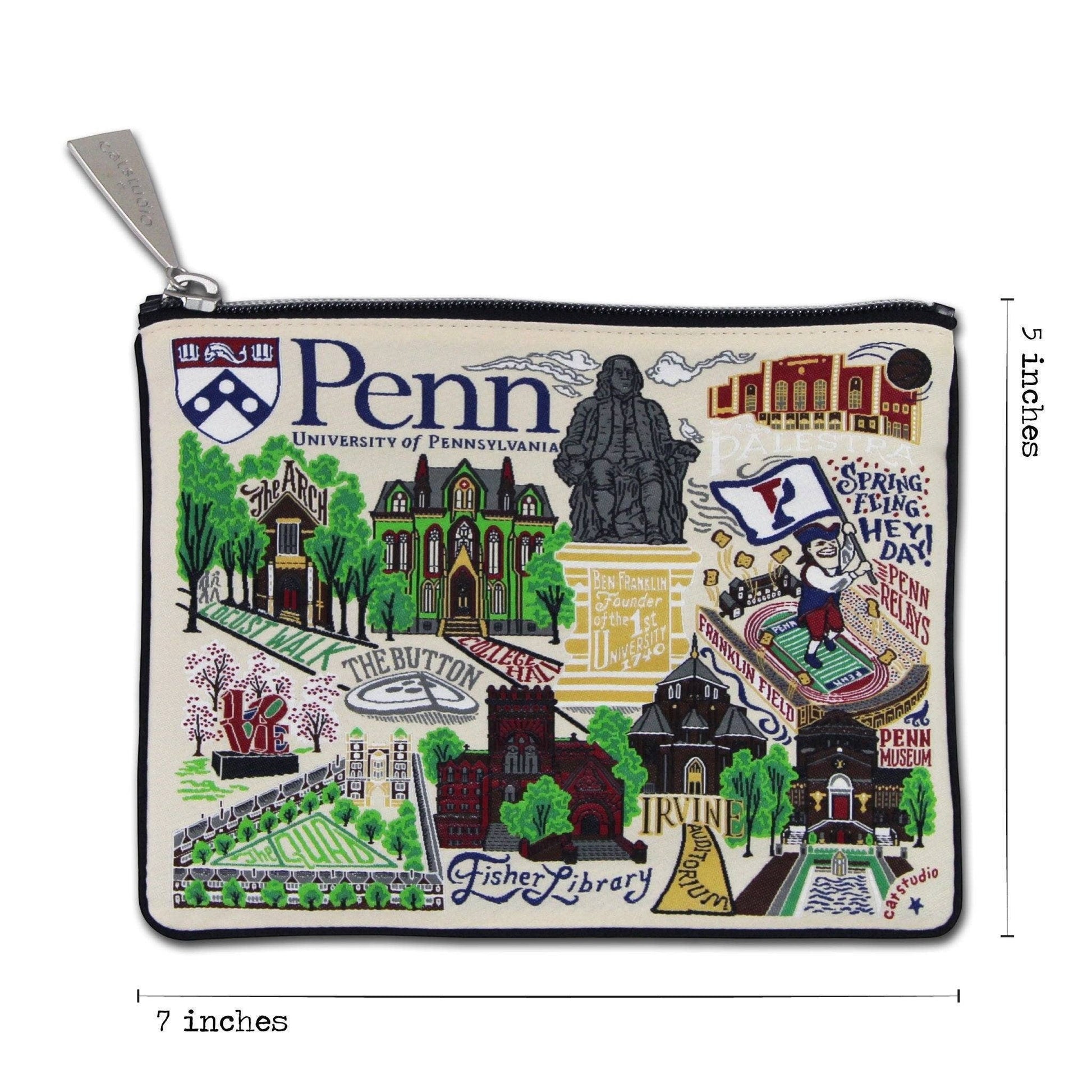 Mellow Monkey University of Pennsylvania woven zip pouch with campus landmarks, Ben Franklin statue, and Penn mascot. Measures 7x5.5 inches.