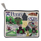Mellow Monkey University of Pennsylvania woven zip pouch with campus landmarks, mascot, and metallic thread accents.