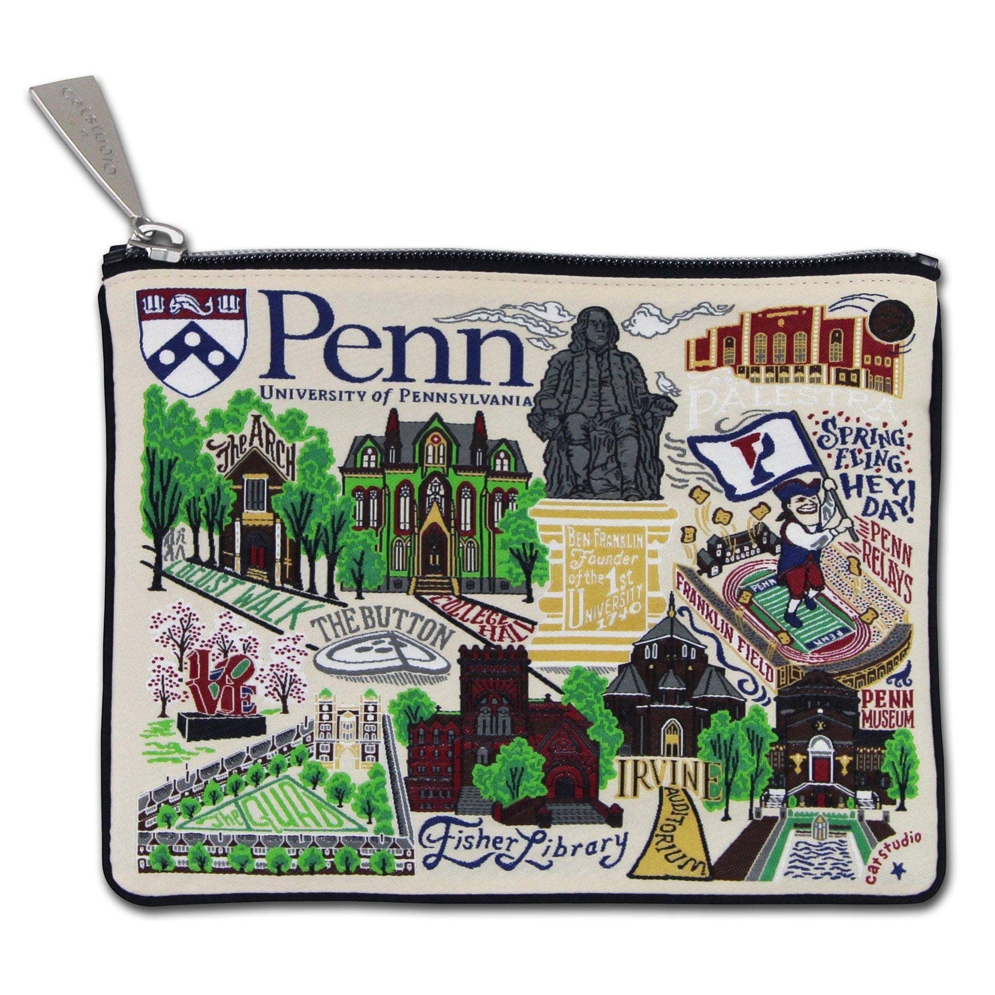 Mellow Monkey University of Pennsylvania woven zip pouch with campus landmarks, mascot, and metallic thread accents.