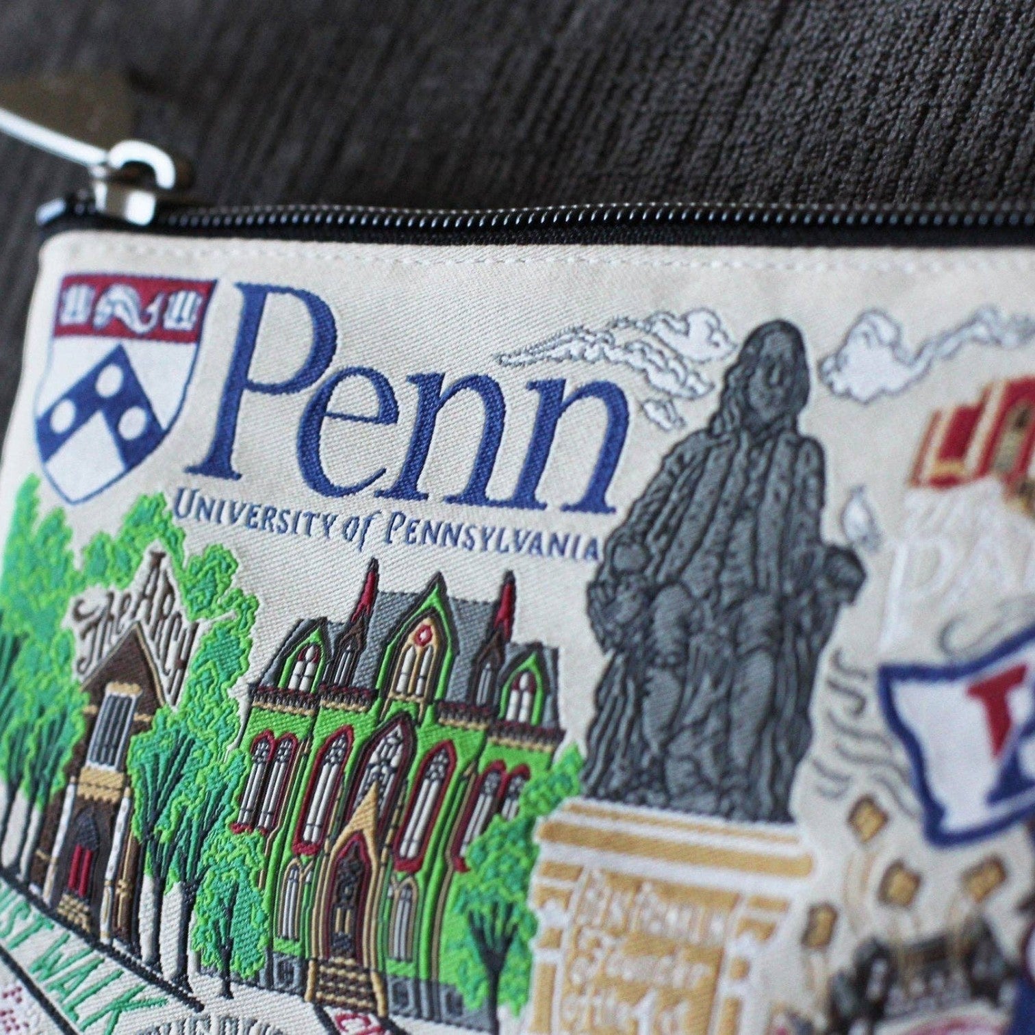 Mellow Monkey University of Pennsylvania woven zip pouch with iconic campus buildings and mascot. Features metallic thread and collegiate lining.
