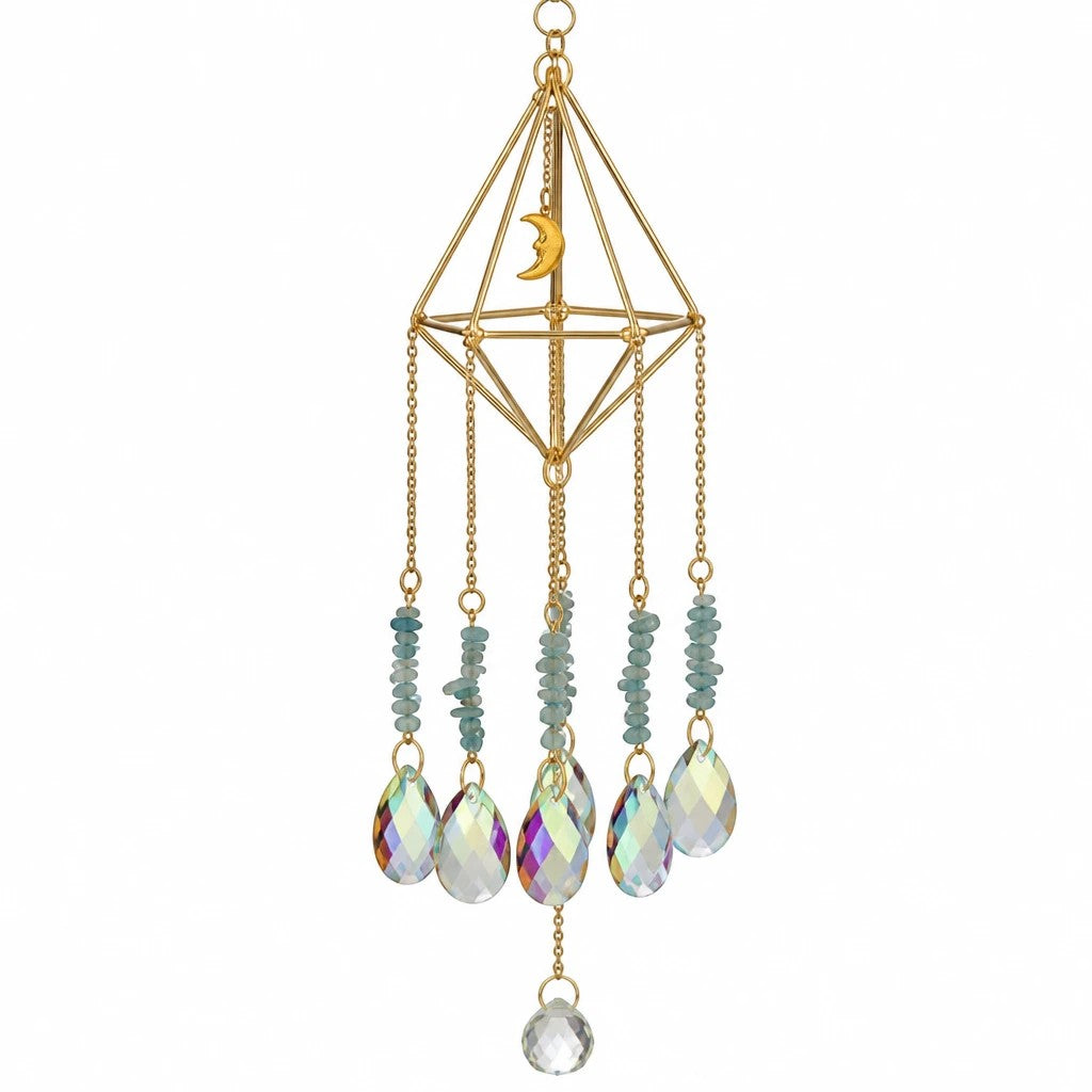 Mellow Monkey pentagon daydream ornament suncatcher with gold chains, healing stones, and iridescent crystals.