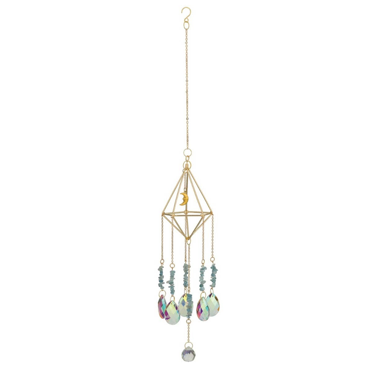 Mellow Monkey pentagon daydream ornament suncatcher with healing stones, gold chains, and light-reflecting crystals.