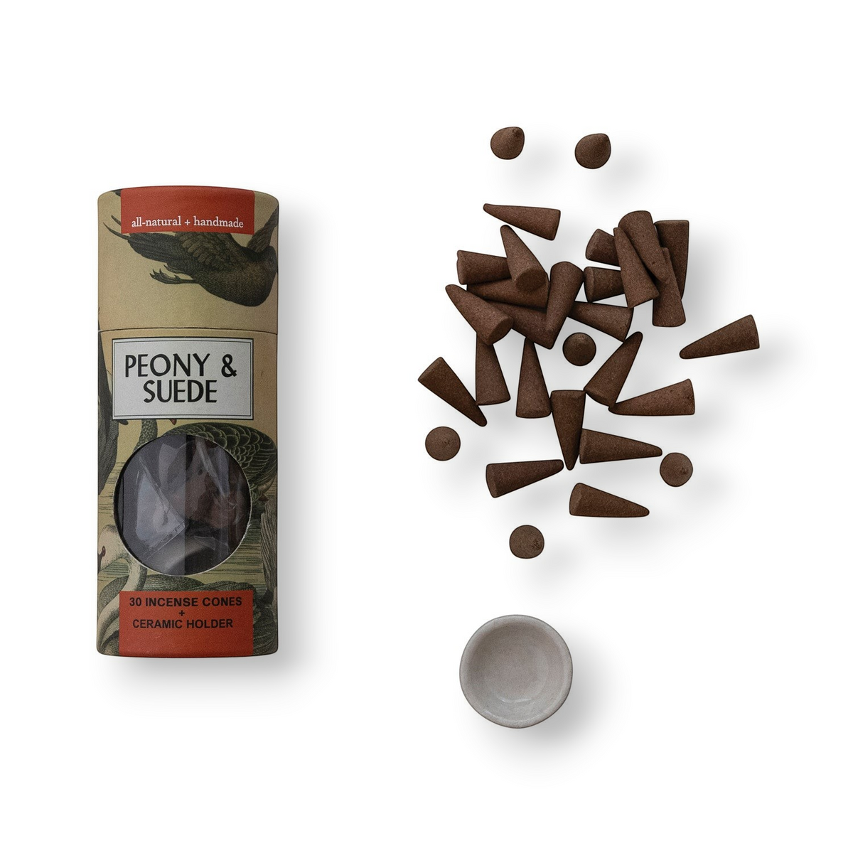 Mellow Monkey peony and suede scented incense cones with a small round ceramic holder in a decorative tube