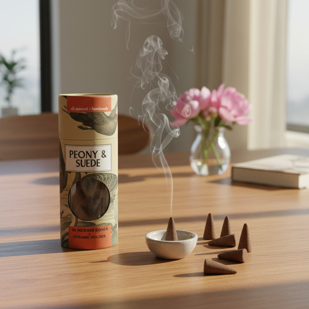 Mellow Monkey peony and suede scented incense cones with a small ceramic holder and smoking cone on a wooden table.