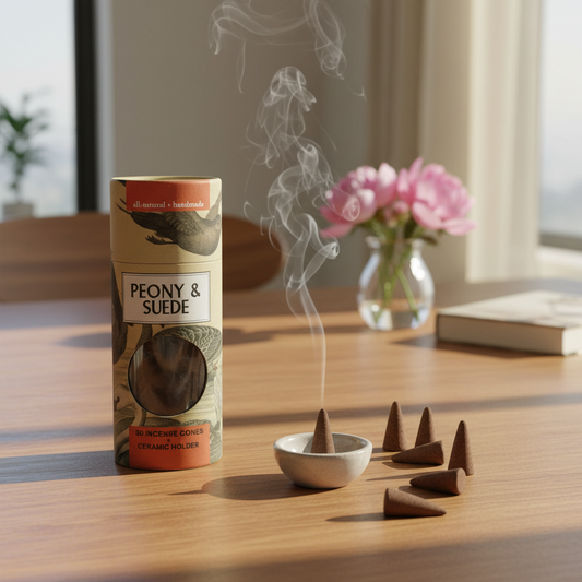 Mellow Monkey peony and suede scented incense cones with a small ceramic holder and smoking cone on a wooden table.