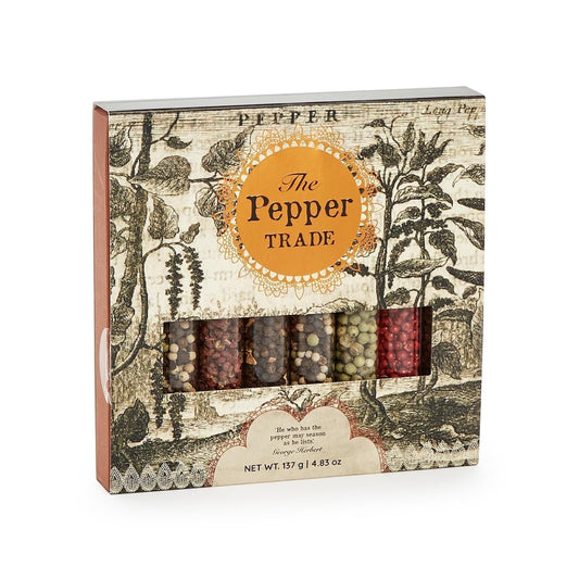Mellow Monkey The Pepper Trade gourmet peppercorn gift set with 8 glass tubes of whole peppercorns.