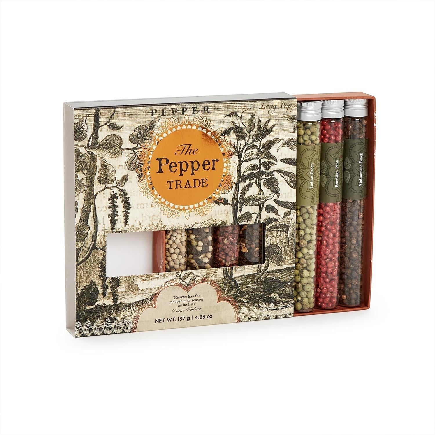 Mellow Monkey The Pepper Trade gourmet peppercorn gift set with 8 glass tubes of whole peppercorns.