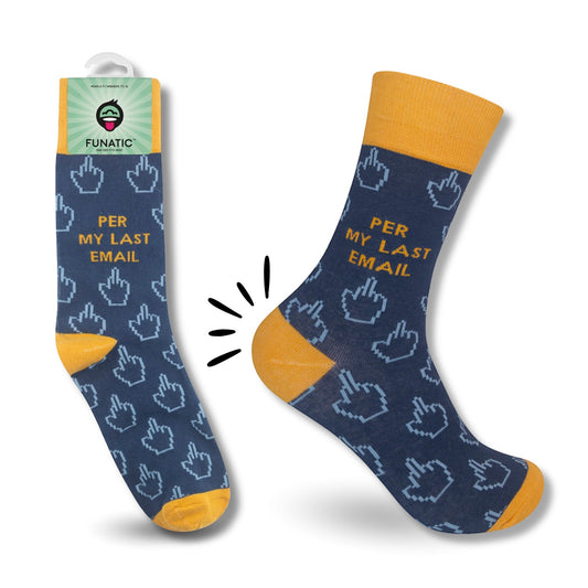 Mellow Monkey blue crew socks with mustard yellow accents and Per My Last Email text with middle finger icons.