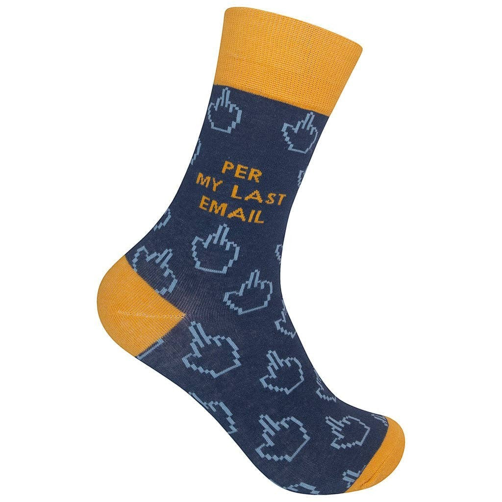 Mellow Monkey blue crew socks with mustard yellow accents, featuring pixelated middle finger icons and text.