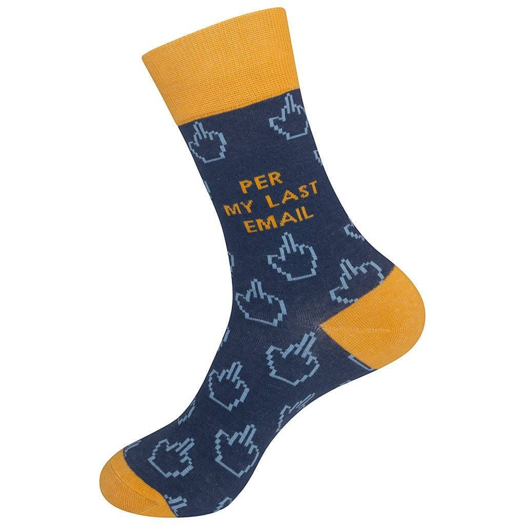 Mellow Monkey blue crew socks with mustard yellow accents and Per My Last Email text with middle finger icons.