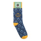 Mellow Monkey blue crew socks with mustard yellow accents and Per My Last Email text with middle finger icons.