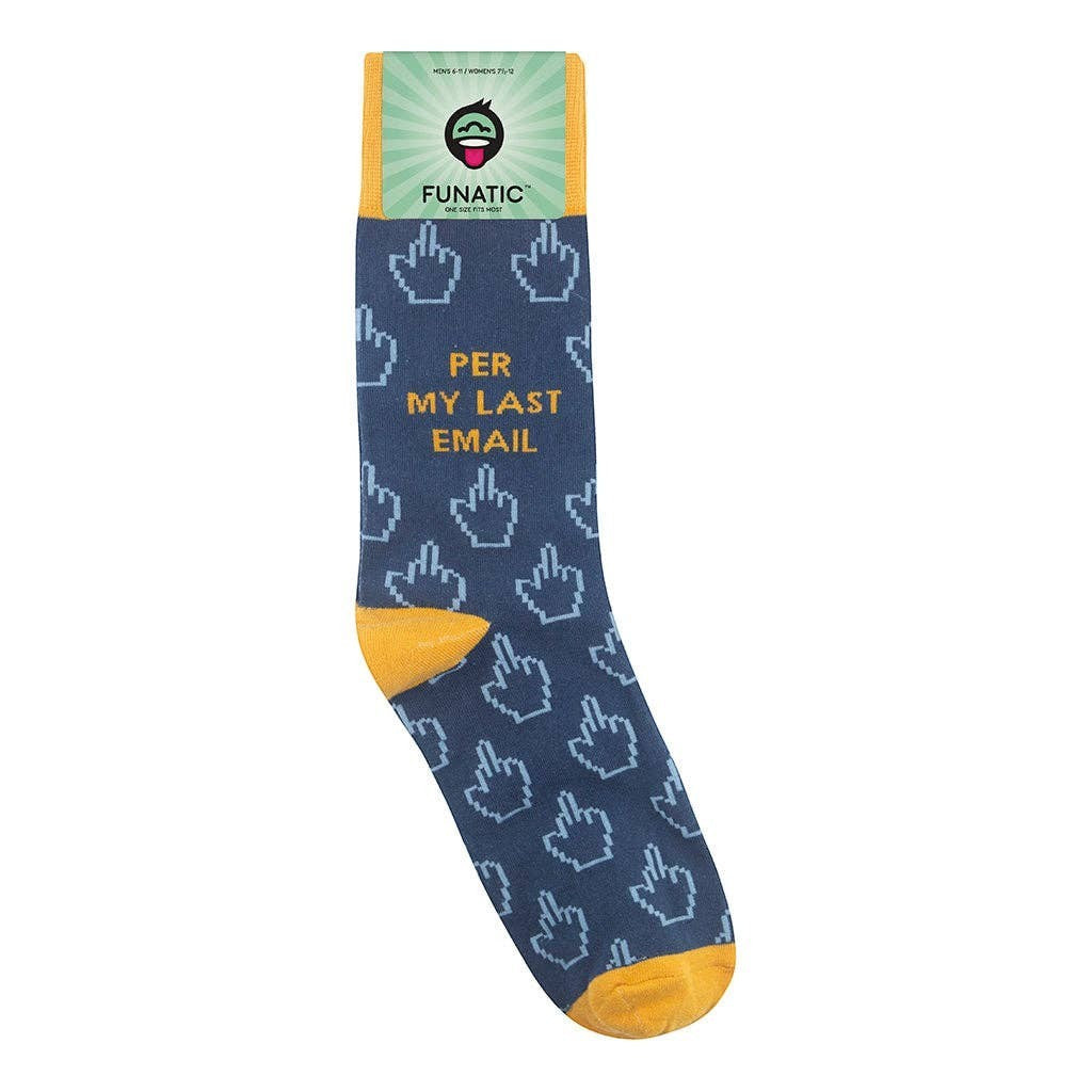 Mellow Monkey blue crew socks with mustard yellow accents and Per My Last Email text with middle finger icons.