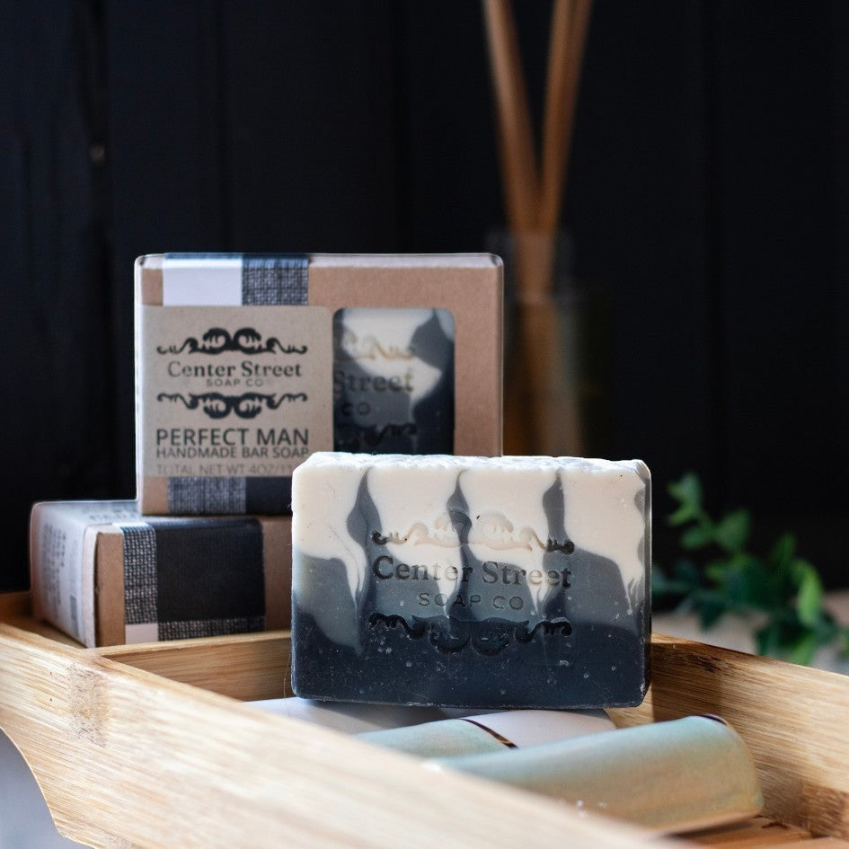 Mellow Monkey Perfect Man handmade vegan bar soap, marbled black and white, 4 oz, woodsy masculine scent.