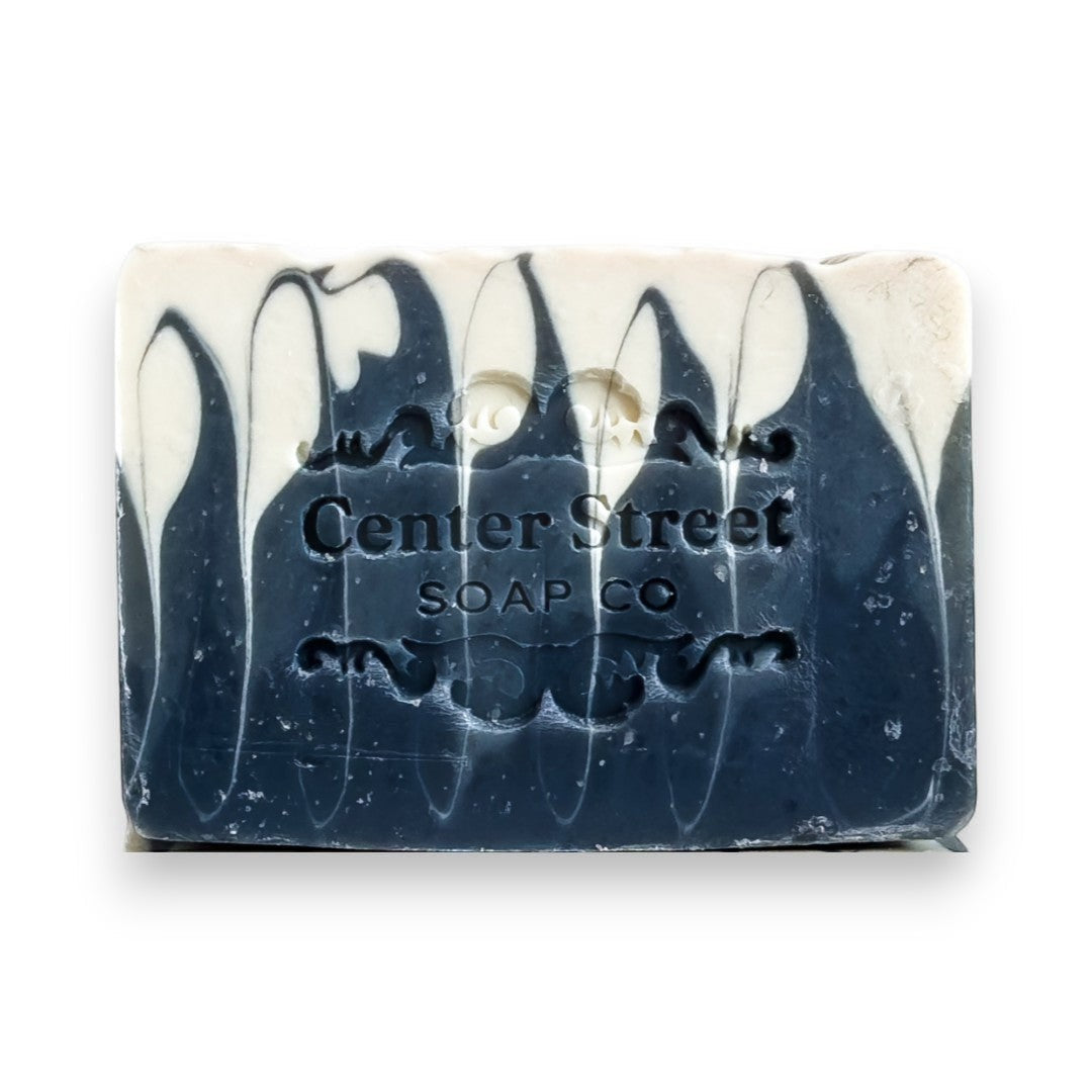 Mellow Monkey Perfect Man vegan handmade bar soap, 4 oz, with marbled black and white swirls.