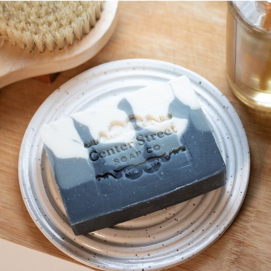 Mellow Monkey Perfect Man vegan handmade bar soap, 4-oz, with marbled black and white swirls.