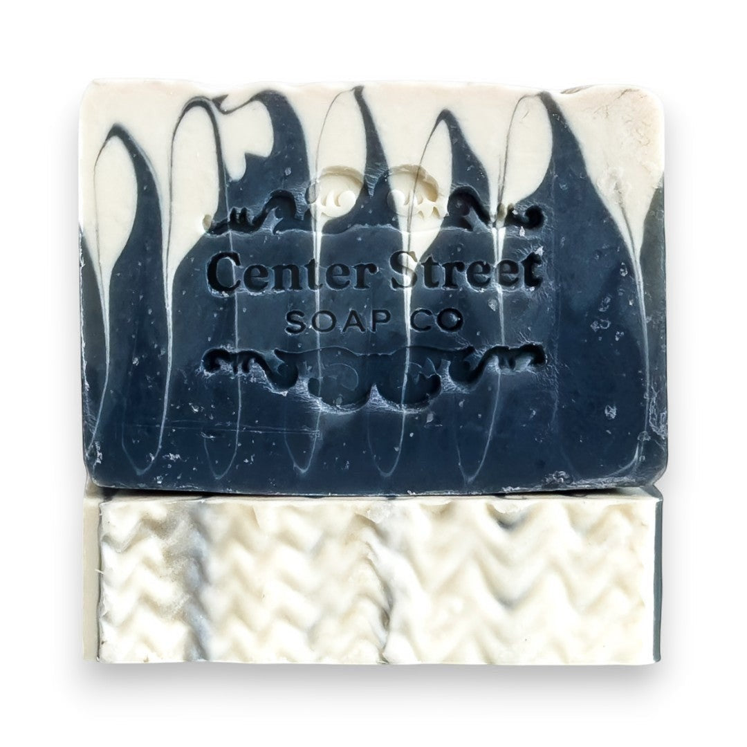 Mellow Monkey Perfect Man vegan handmade bar soap, 4 oz, with marbled black and white swirls.