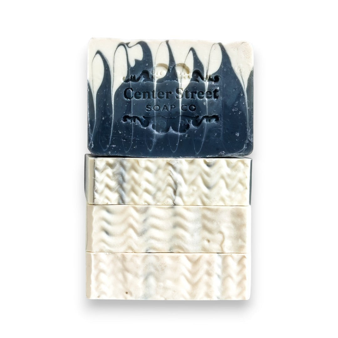 Mellow Monkey Perfect Man vegan handmade bar soap, 4-oz, with woodsy masculine scent. Black and white marbled top bar.