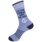 Mellow Monkey periwinkle blue crew socks with navy accents, featuring an anchor and the text I'm The Friend With The Boat