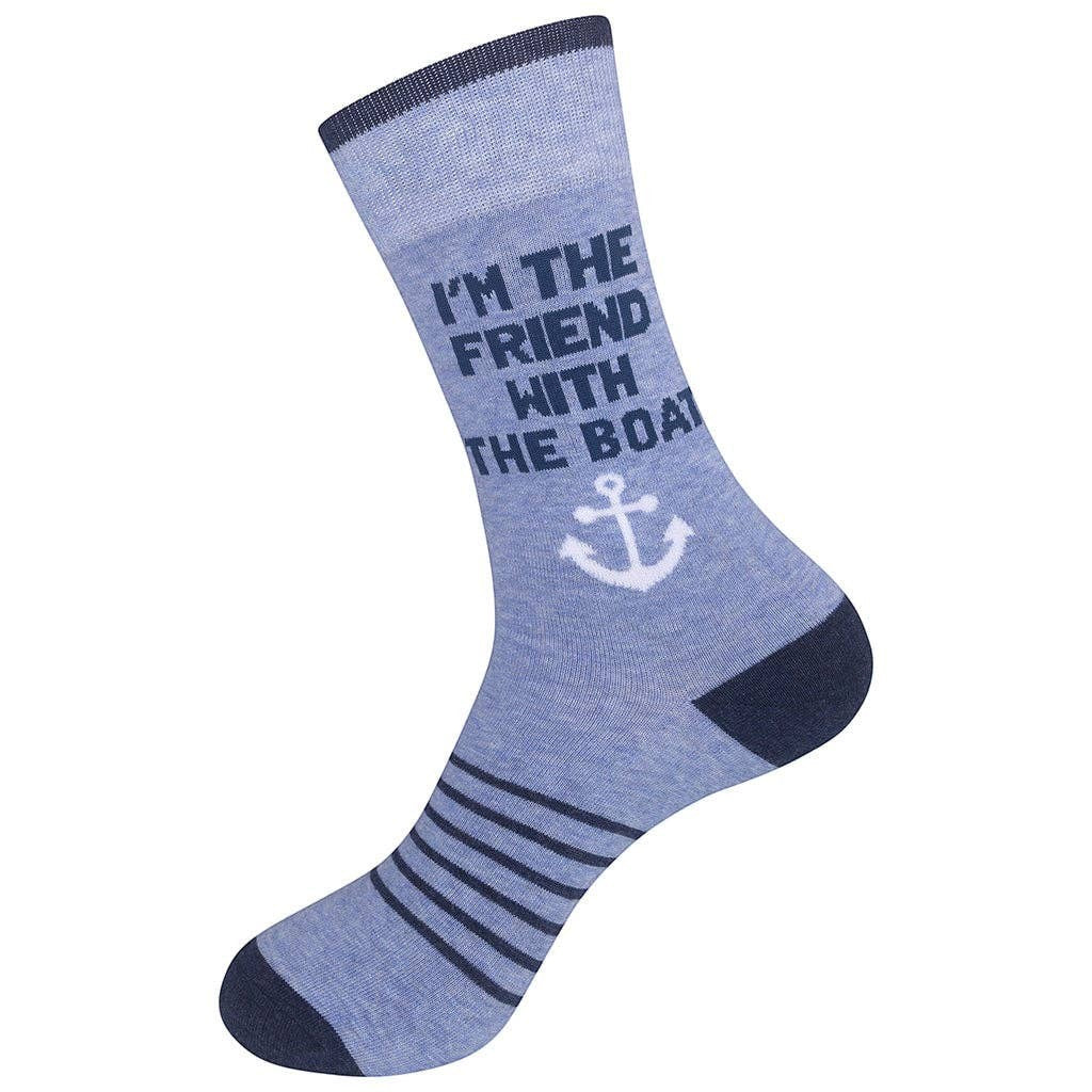 Mellow Monkey periwinkle blue crew socks with navy accents, featuring an anchor and the text I'm The Friend With The Boat