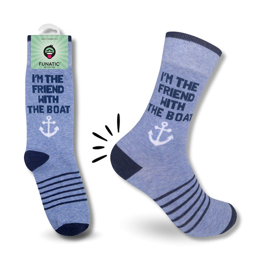 Mellow Monkey periwinkle blue crew socks with navy accents, anchor graphic, and I'm The Friend With The Boat text.