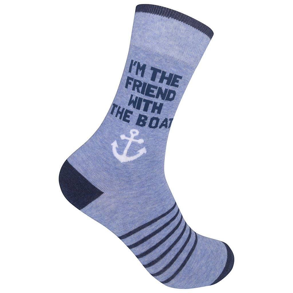 Mellow Monkey periwinkle blue crew socks featuring a white anchor and the text I'm The Friend With The Boat