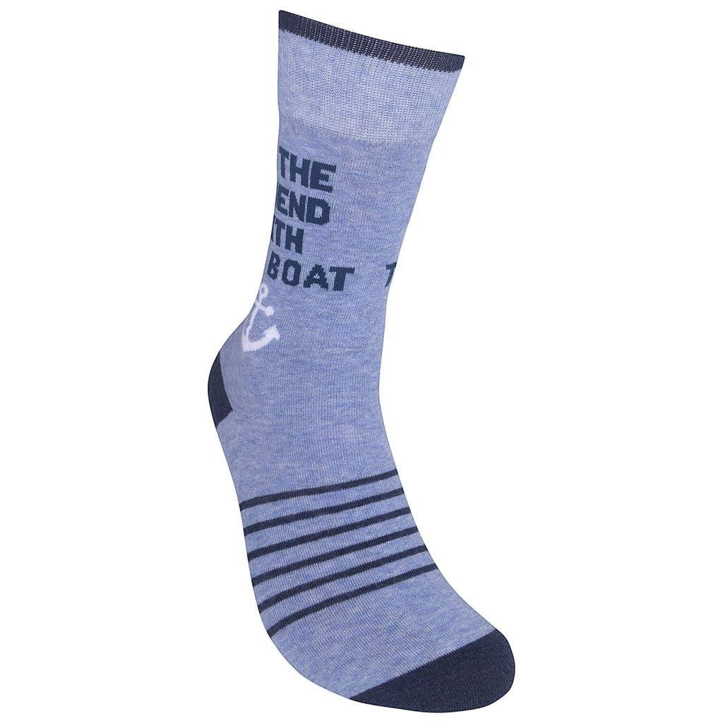 Mellow Monkey periwinkle blue crew socks with navy accents, anchor graphic, and I'm The Friend With The Boat text.