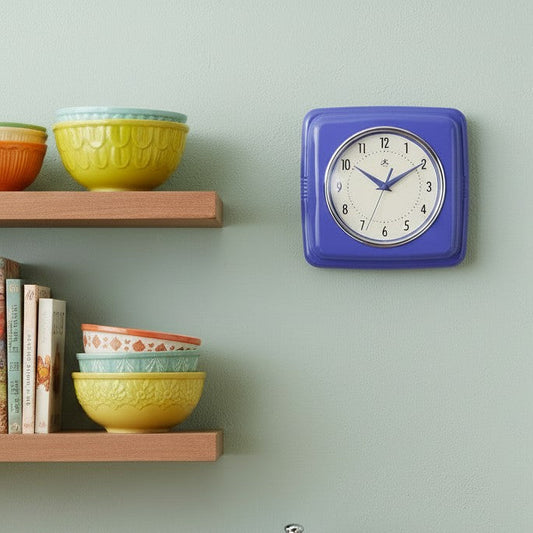 Mellow Monkey periwinkle retro square wall clock with white face and blue hands, 9.25-in