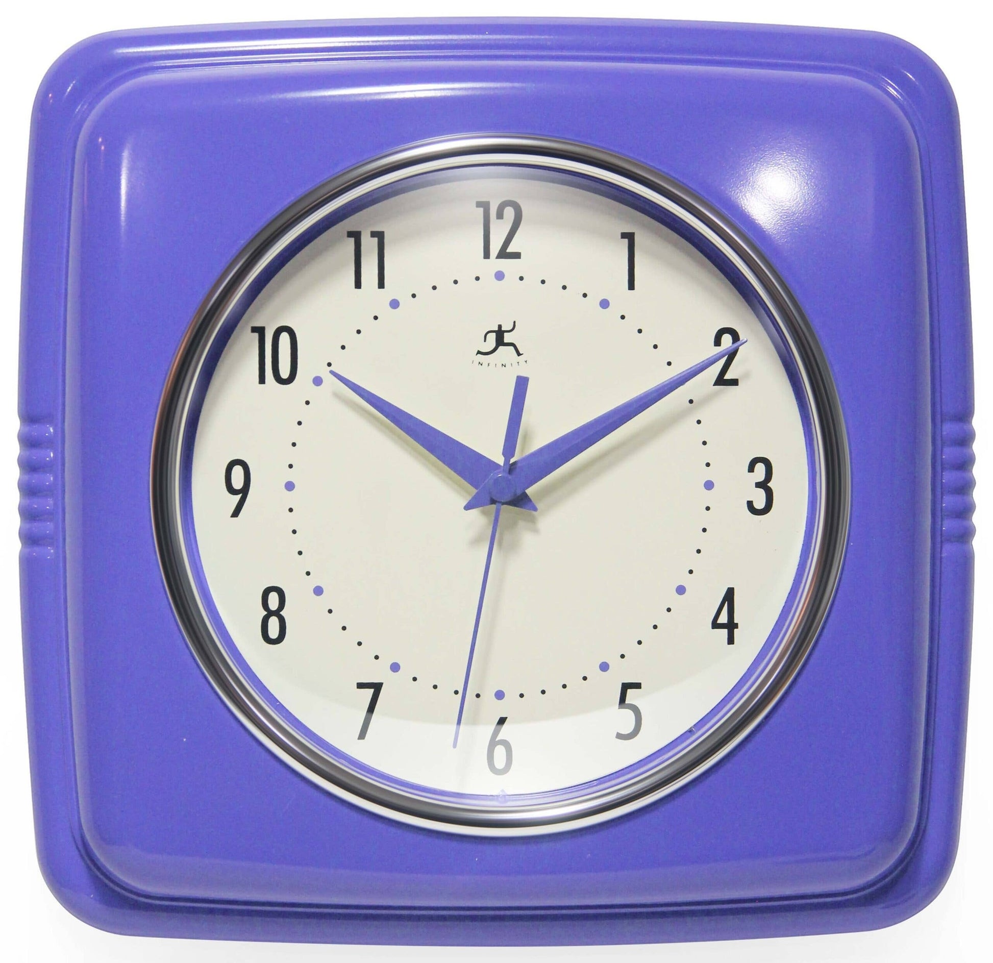 Mellow Monkey periwinkle retro square wall clock with cream face and blue hands. 9.25-in.