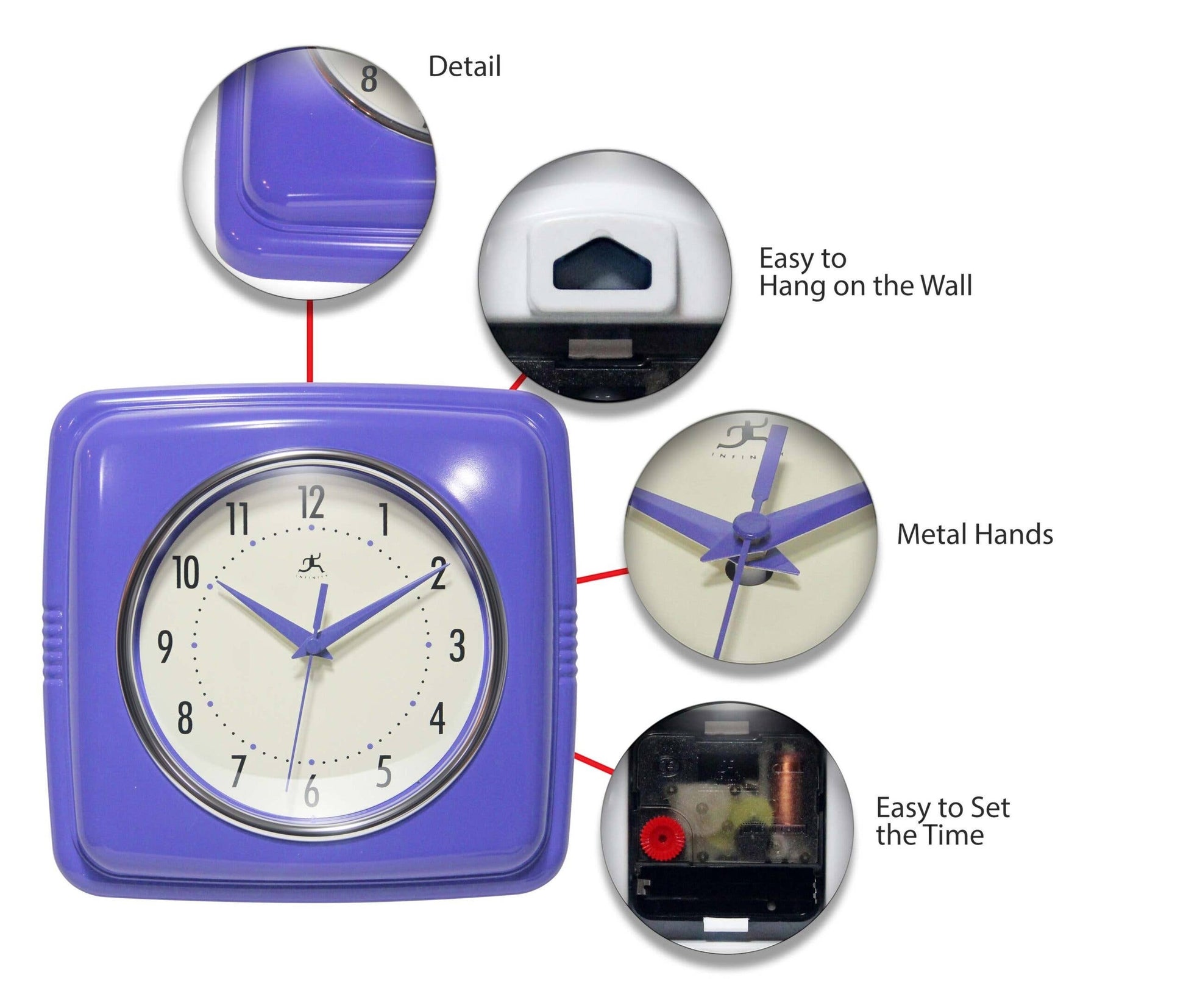Mellow Monkey periwinkle retro square wall clock with cream face and purple metal hands. Easy to hang and set.