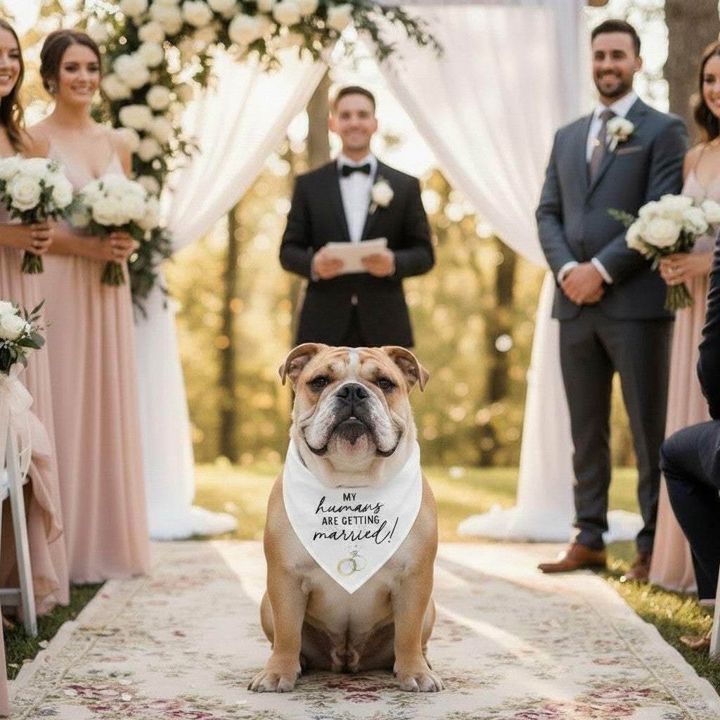Mellow Monkey white pet bandana with "My Humans Are Getting Married!" text and wedding rings graphic, worn by a golden retriever at a wedding.