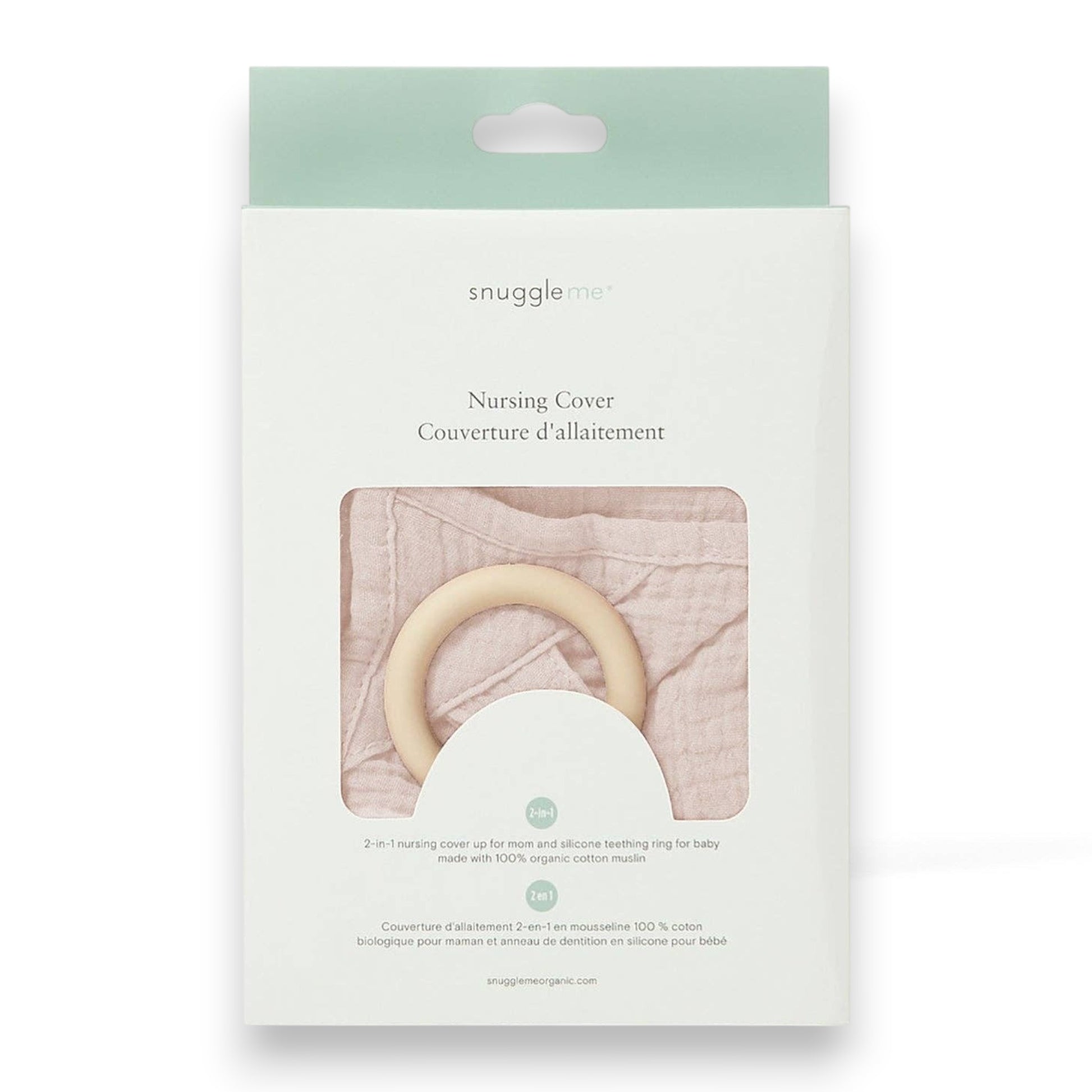 Mellow Monkey Snuggle Me Petal nursing cover in soft pink organic cotton muslin with a built-in silicone teether ring.