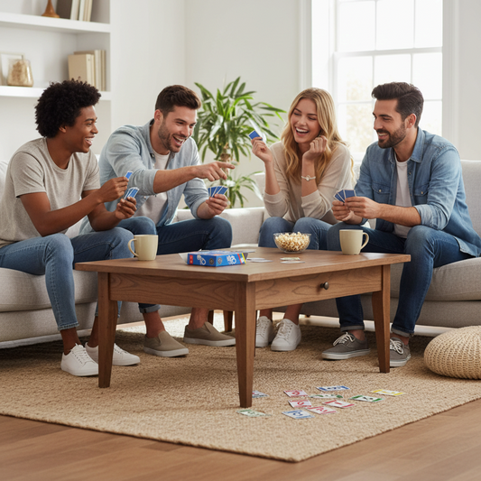 Mellow Monkey Phase 10 card game being played by four friends laughing and sitting on a sofa in a bright living room