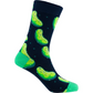 Mellow Monkey bamboo knit socks featuring a green dill pickle pattern on a black background with bright green accents.