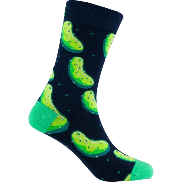 Mellow Monkey bamboo knit socks featuring a green dill pickle pattern on a black background with bright green accents.