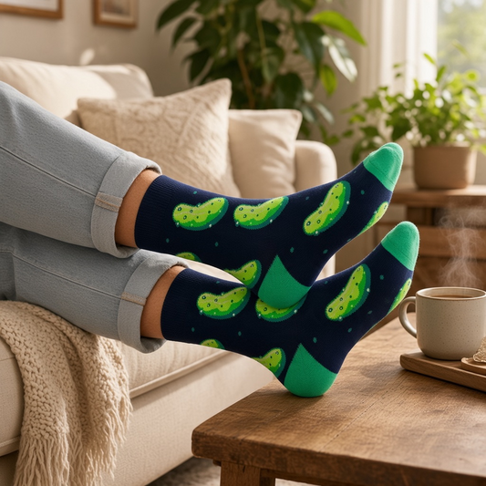 Mellow Monkey bamboo knit socks with green dill pickle pattern on black background, worn by person on cozy sofa.