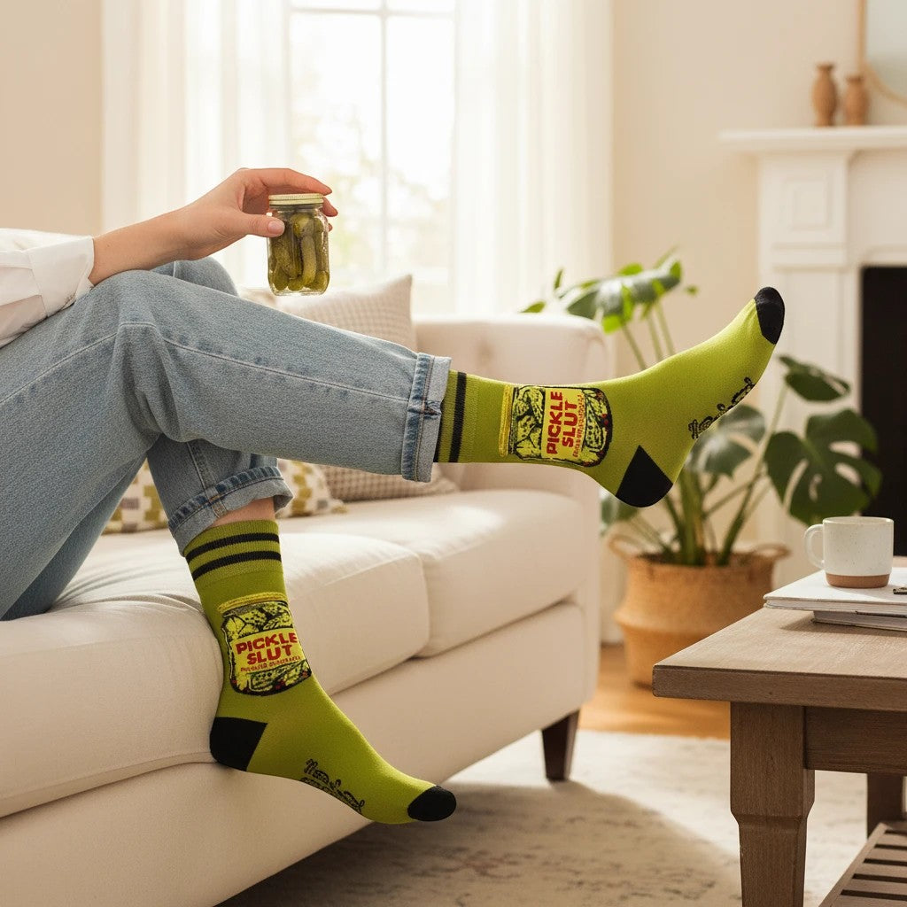Mellow Monkey crew socks in pickle green with a funny pickle jar graphic and black accents worn by a person