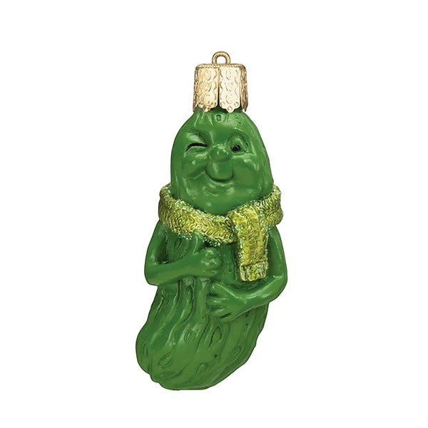 Mellow Monkey Go Pickle! ceramic ornament shaped like a winking pickle wearing a sparkly green scarf.
