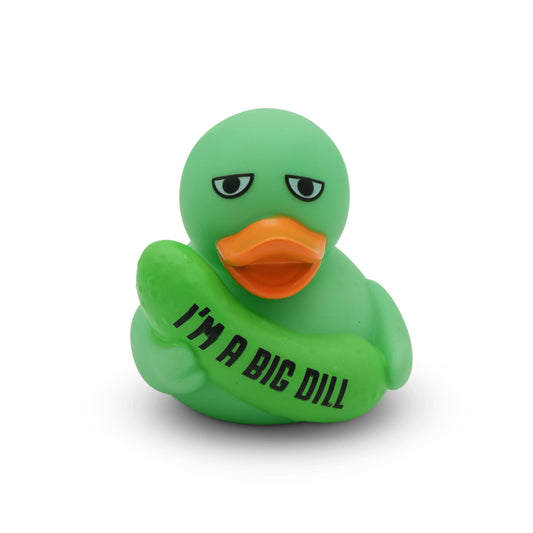 Mellow Monkey green rubber duck holding a pickle with the text I'm a Big Dill printed on the front.