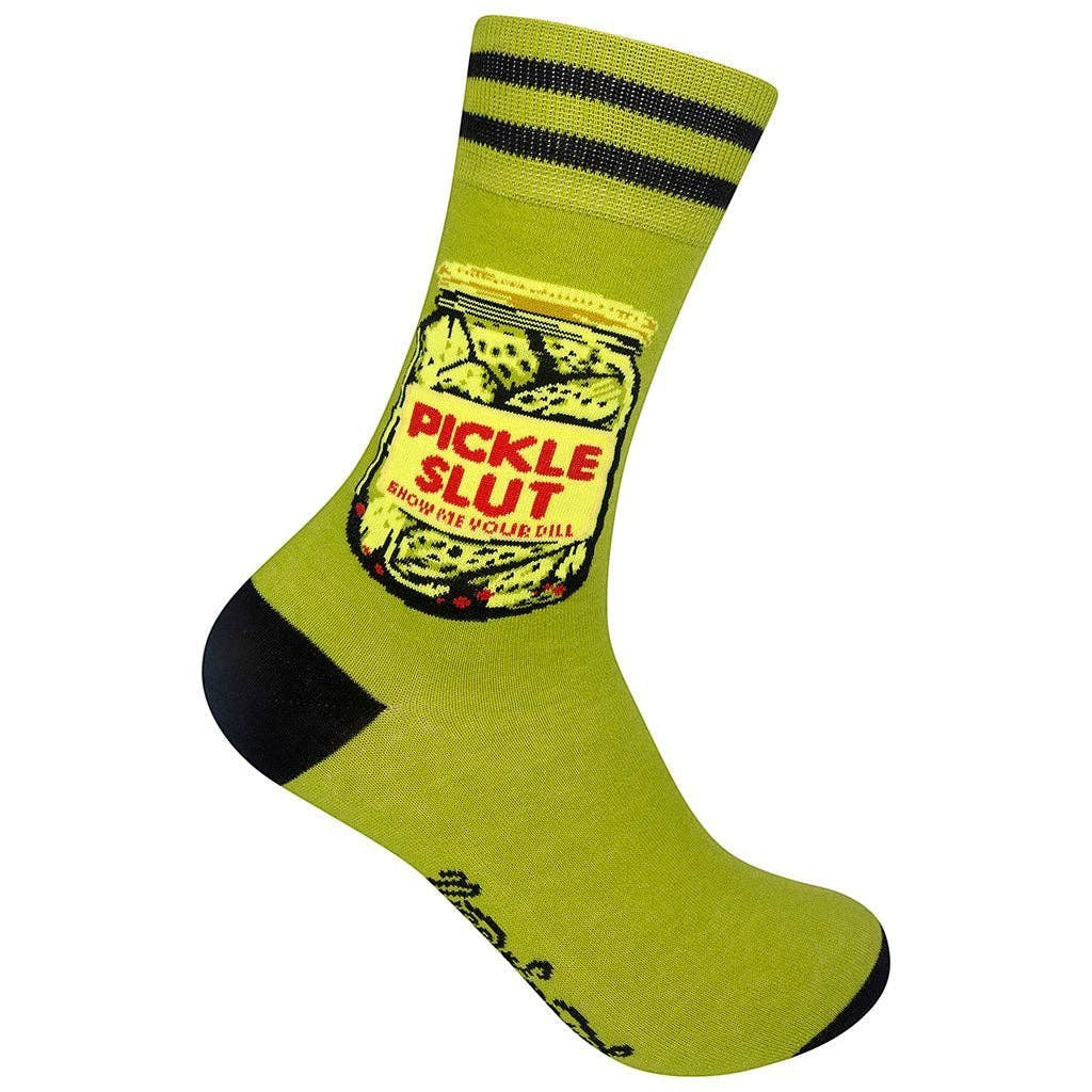 Mellow Monkey pale green novelty socks featuring a pickle jar illustration and the text Pickle Slut Show Me Your Dill