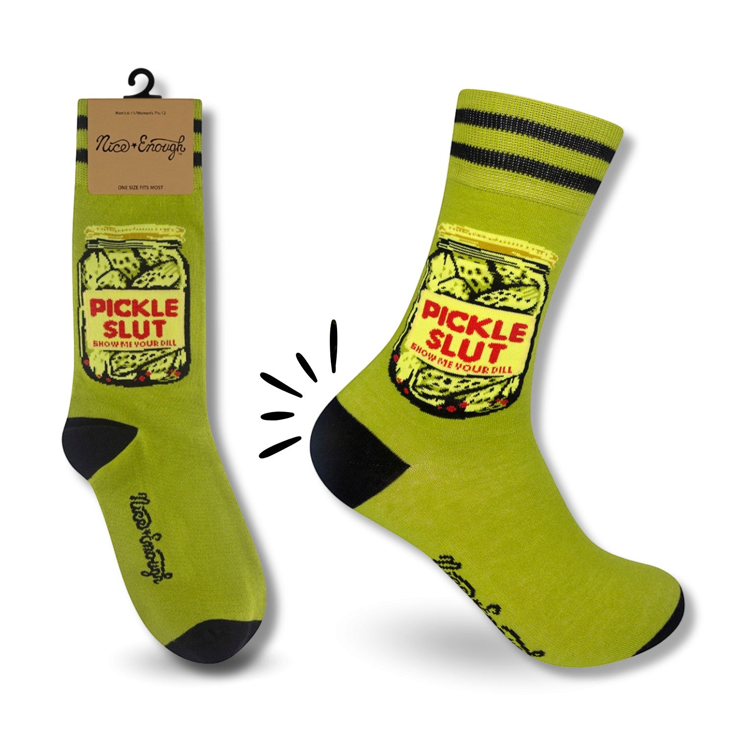 Mellow Monkey Pickle Slut novelty socks in pale green with a pickle jar graphic and funny text on a retail card.