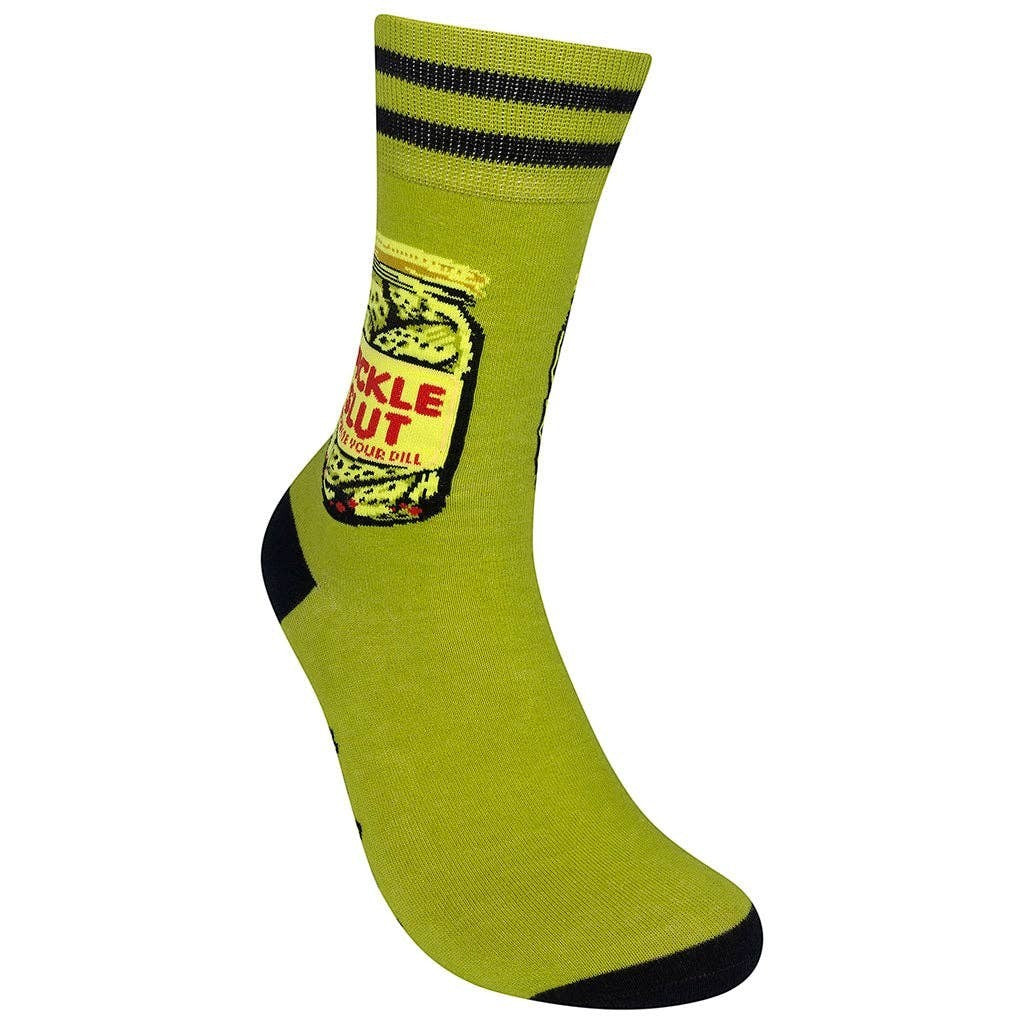 Mellow Monkey pale green novelty socks featuring a pickle jar illustration and the text Pickle Slut Show Me Your Dill