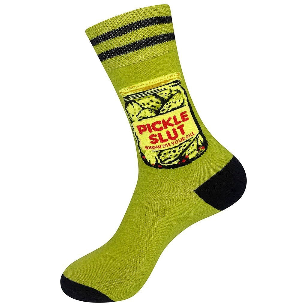 Mellow Monkey pale green novelty socks featuring a pickle jar illustration and the text Pickle Slut Show Me Your Dill