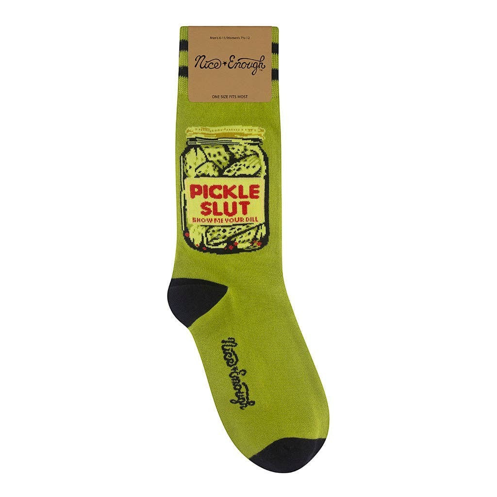 Mellow Monkey Pickle Slut novelty socks in pale green with a pickle jar illustration and funny text on the cuff.