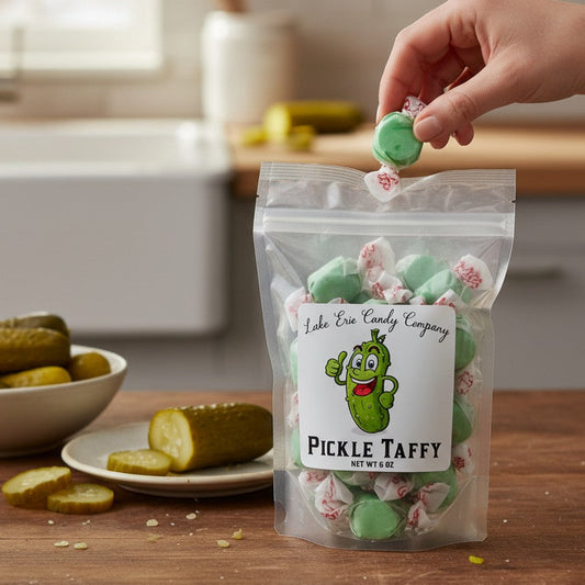 Mellow Monkey Pickle Salt Water Taffy, a 6-oz bag of green and white individually wrapped candies with a pickle cartoon.