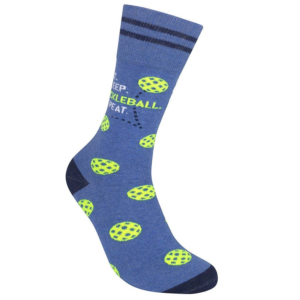 Mellow Monkey blue novelty socks featuring Eat Sleep Pickleball Repeat text and lime green pickleball patterns.