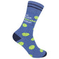 Mellow Monkey blue cotton blend crew socks featuring lime green pickleballs and the text Eat. Sleep. Pickleball. Repeat.