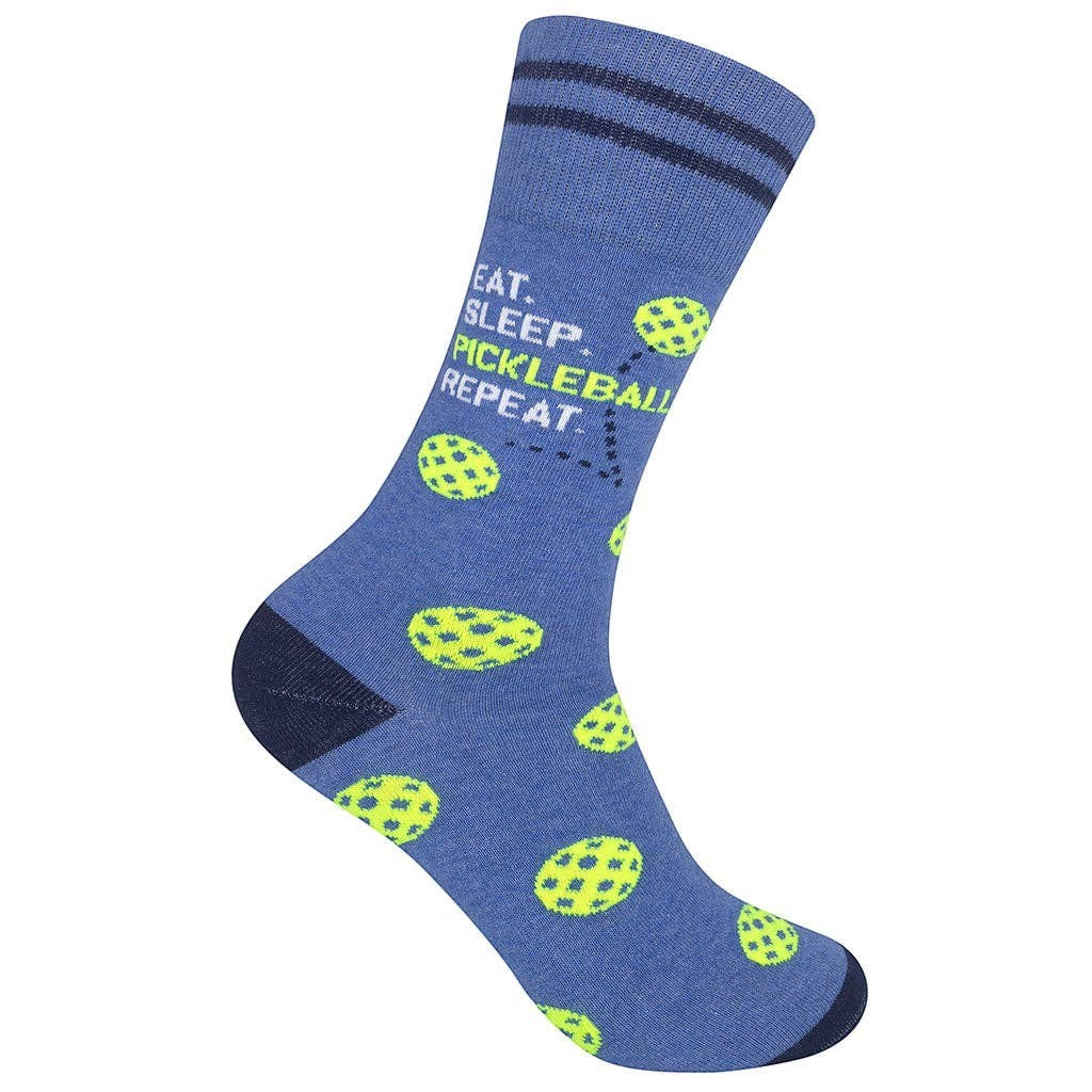 Mellow Monkey blue cotton blend crew socks featuring lime green pickleballs and the text Eat. Sleep. Pickleball. Repeat.