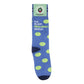 Mellow Monkey blue cotton blend novelty socks featuring lime green pickleballs and Eat. Sleep. Pickleball. Repeat. text.