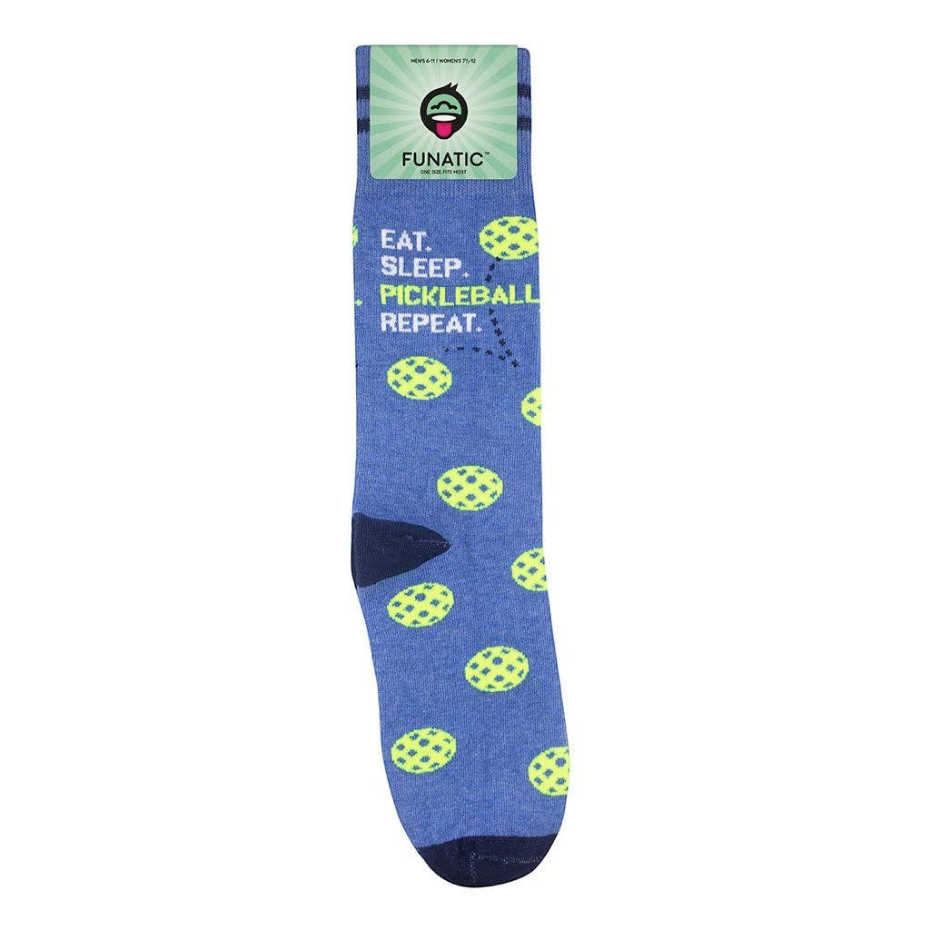 Mellow Monkey blue cotton blend novelty socks featuring lime green pickleballs and Eat. Sleep. Pickleball. Repeat. text.